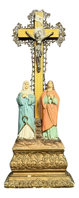 Antique Wood, Gilded Brass and Terracotta Crucifix,1800s