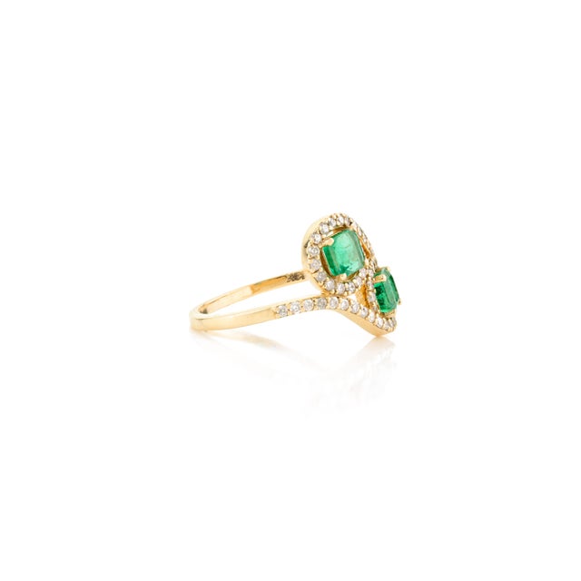 Two Stone Emerald Halo Wedding Ring Gift for Her Size 6 For Sale In New York - Image 6 of 12