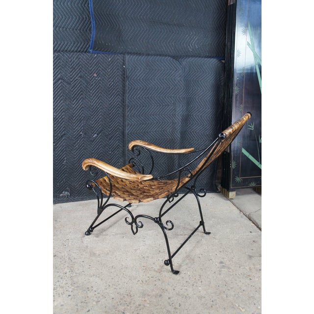 Vintage Omani Scrolled Wrought Iron Teak Saddle Seat Lounge Armchair For Sale - Image 12 of 13