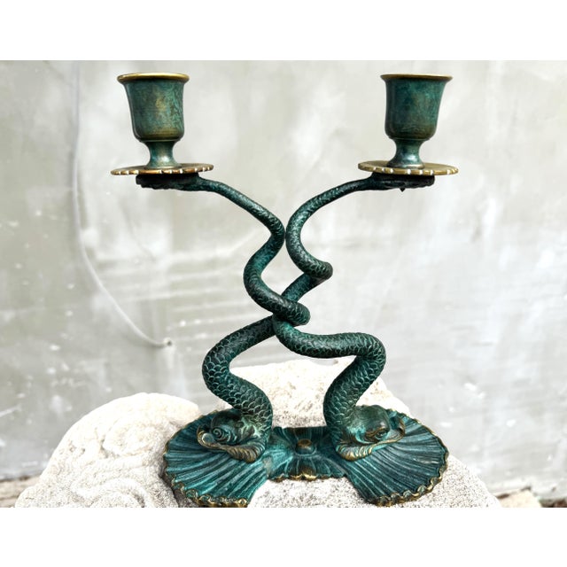Aqua Italian Sculptural Bronze Fish Candlesticks, 1950s, Set of 2 For Sale - Image 8 of 14