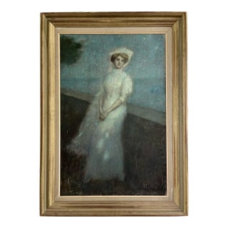 Mid 19th Century Ethereal Swedish Portrait Painting of a Woman Wearing a White Gown For Sale