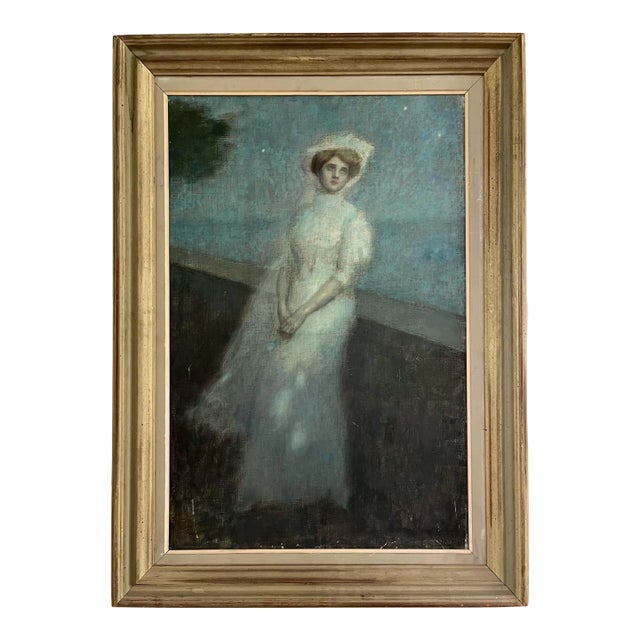 Mid 19th Century Ethereal Swedish Portrait Painting of a Woman Wearing a White Gown For Sale
