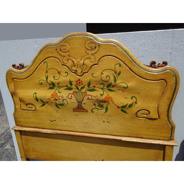 Pair Vintage French Provincial Hand Painted Gold Floral Twin Headboards W Rails For Sale - Image 9 of 17