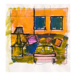 Cubist Living Room Interior Scene in Orange, Green & Blue by Michael William Eggleston For Sale