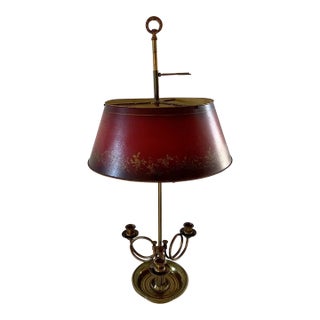 Mid 20th Century French Provincial Brass Three-Arm Horn Bouillotte Lamp With Red Tole Shade For Sale