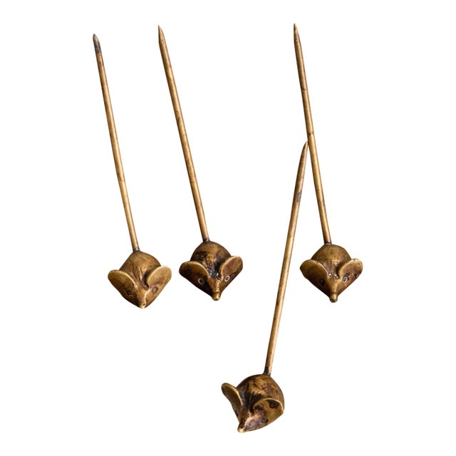 Mid 20th Century Figural Mouse Brass Serving Picks - Set of 4 For Sale