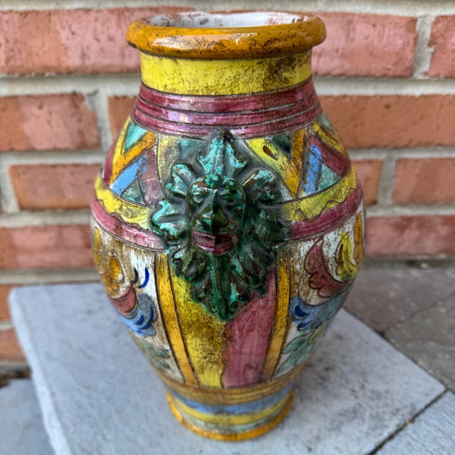 Vintage Italian Majolica Sgraffito Glazed Terracotta Urn or Vase For Sale - Image 4 of 11