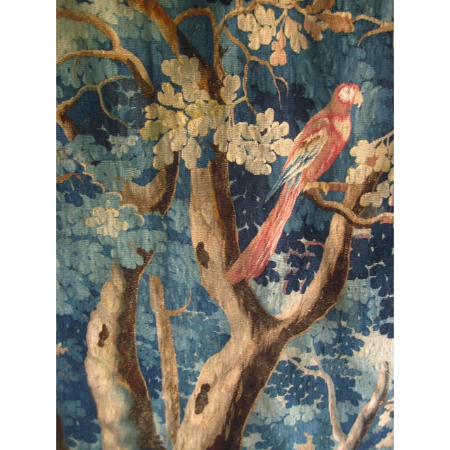French Country Aubusson French Tapestry Verdure Red Parrot in a Tree 18 Century For Sale - Image 3 of 15