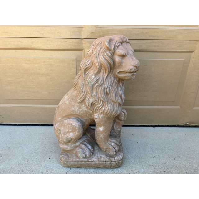 French Provincial Vintage Italian Provincial Cast Concrete Lion Garden Statue With Weathered Terracotta Finish For Sale - Image 3 of 12