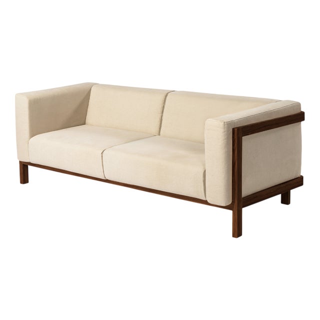LIFT Minimalist Three-Seater Sofa in Walnut Wood and Pearl Fabric Seat by Julien Renault For Sale