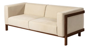 LIFT Minimalist Three-Seater Sofa in Walnut Wood and Pearl Fabric Seat by Julien Renault