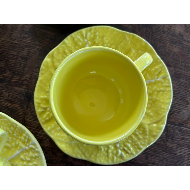 Vintage Secla Cabbage Ware Citron Yellow Majolica Cup and Saucer For Sale - Image 10 of 12