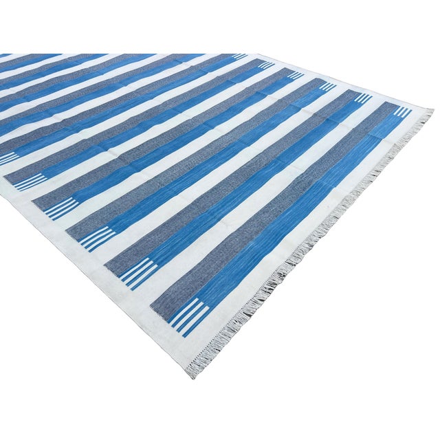 Not Yet Made - Made To Order Handmade Cotton Area Rug, Sky Blue and White Cotton Vegetable Dyed Striped Dhurrie-12'x15' For Sale - Image 5 of 12