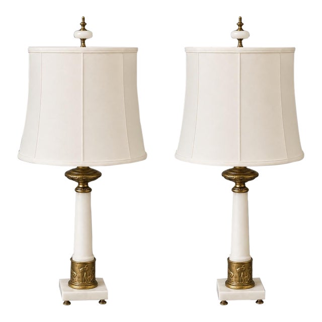 Vintage Alabaster & Bronze Table Lamps Neoclassical Marble Column Matching - a Pair For Sale