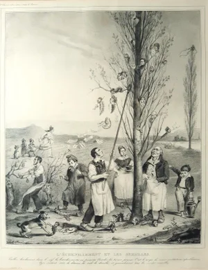 L’échénillement et les Sémaille - Original Lithograph by J.J. Grandville - 1833 1833