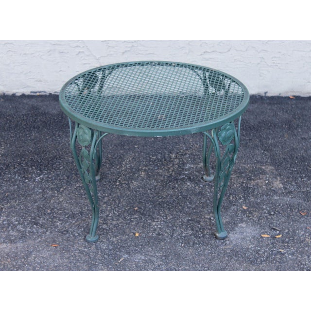 Wrought Iron Outdoor Round Mesh Top Patio Table With Floral Motif For Sale - Image 12 of 17