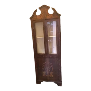 19thc Walnut Corner Cupboard of Inlaid Fruitwood W/ Mythical Creatures & Flowers