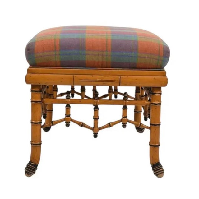 William Switzer Faux Bamboo Ottoman - BenchWith Plaid Upholstery For Sale In Tampa - Image 6 of 15