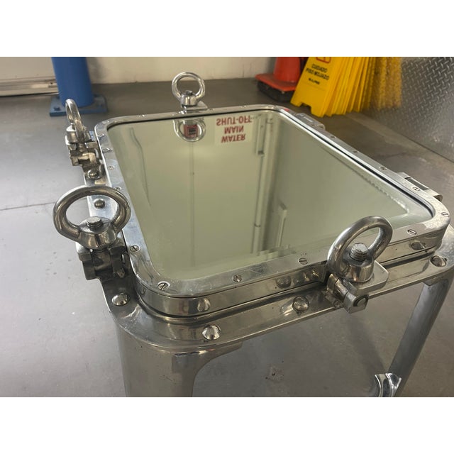 Nautical Porthole Window Mirrored End Table, Custom, Nautical, Vintage, Aluminum For Sale - Image 3 of 12