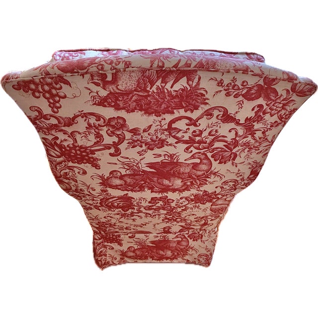 Wood Custom Wingback Chair in Red Raspberry and Cream in Heritage Toile by Brunschwig & Fils For Sale - Image 7 of 17