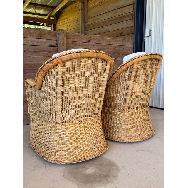 Michael Taylor Pair of Vintage Michael Taylor Style Braided Rattan Wicker Lounge Armchairs For Sale - Image 4 of 12