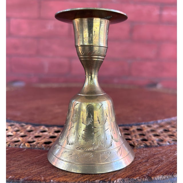 Vintage Hand Etched Brass Candlestick Holder and Bell For Sale - Image 4 of 6