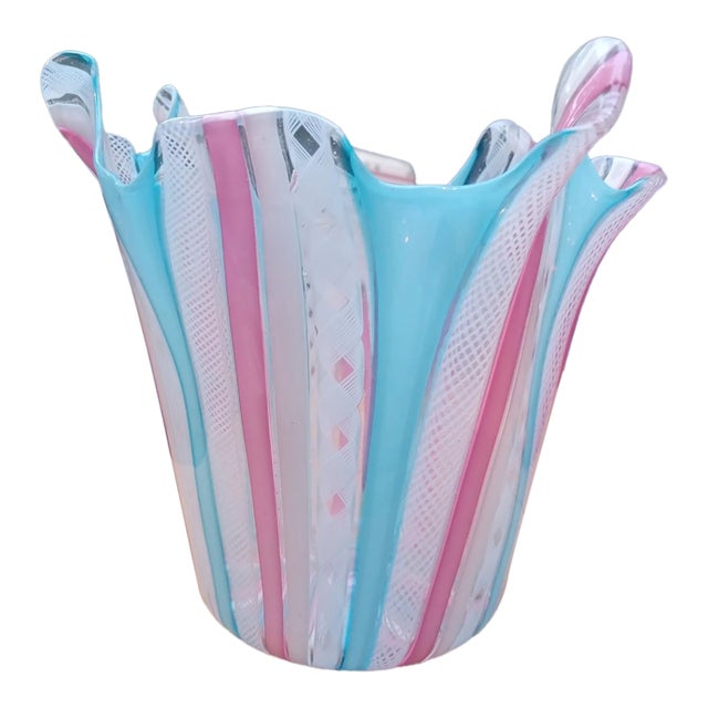 Vintage Murano Style Latticino Blue & Pink Ribbon Glass Handkerchief Vase For Sale