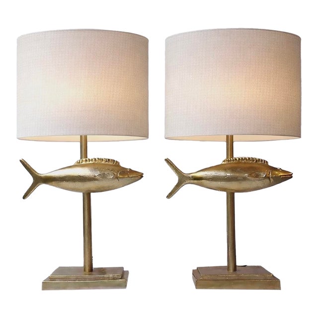 Pair of Fish Lamps Gilt Metal. France, 1990s For Sale