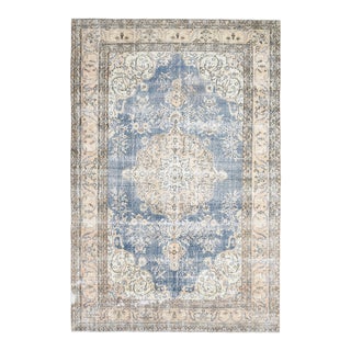 1970s Vintage Turkish Oushak Handmade Wool Cotton Blue Area Rug For Sale