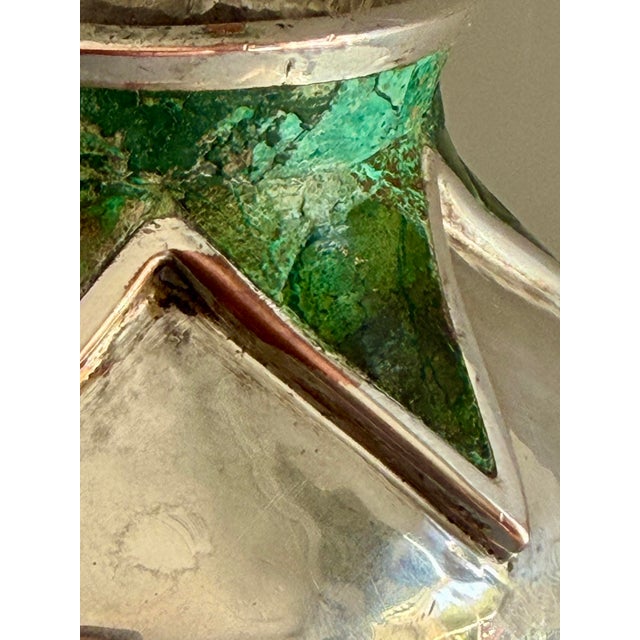Vintage Emilia Castillo Taxco Brutalist Silver Plate and Malchite Vase For Sale In Savannah - Image 6 of 11