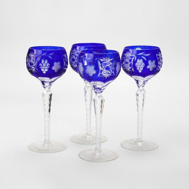 Four Antique Bohemian Cobalt Blue Floral & Grape Cut to Clear Crystal Goblets For Sale - Image 6 of 6