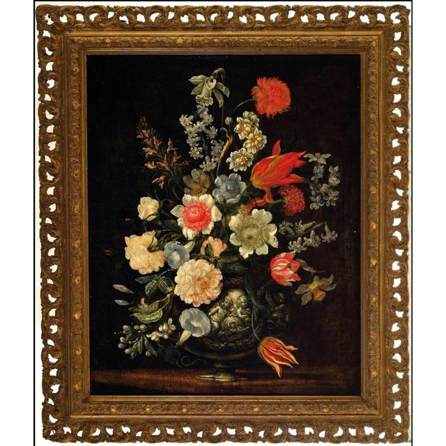 Bartolomeo Ligozzi, 1630-1695 Still life, flowers in a vase with putti in relief, oil/litho/wood, restored approx....