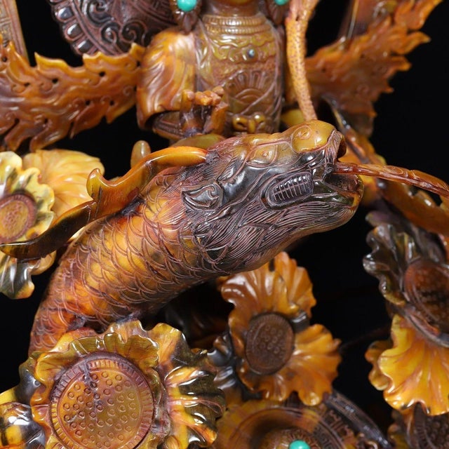 Late 19th Century Large Carved Faux Horn Bodhisattva on Dragon Sculpture For Sale In Los Angeles - Image 6 of 10