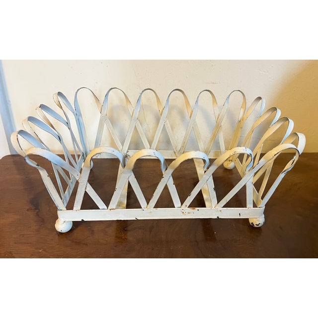 1930's White Painted Zinc Basketweave Cachepot Planter or Jardiniere With Blue Tole Liner on Ball Feet For Sale - Image 13 of 14