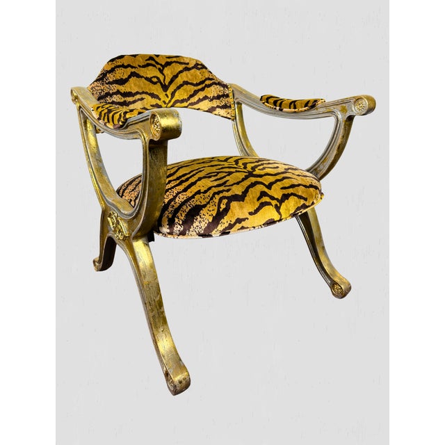 Lee Jofa Vintage Curule Style Chair Pair Newly Upholstered Silk Tiger Velvet For Sale - Image 4 of 15