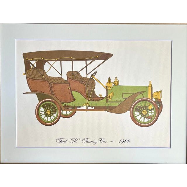A vintage original mid century circa 1960 lithograph of an antique 1906 Ford K Touring Car Presented matted and framed in...