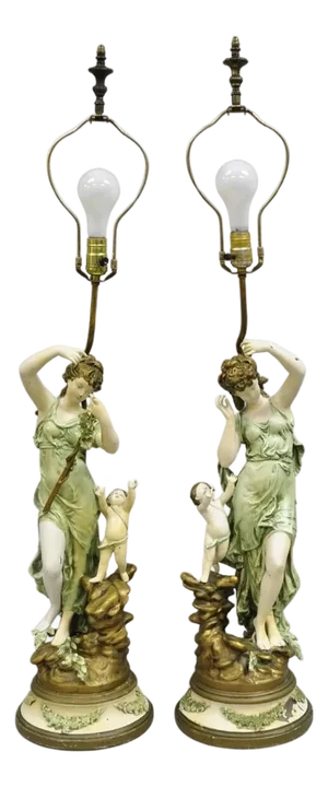 Antique French L&f Moreau Painted Metal Figural Mother & Child Table Lamps Pair