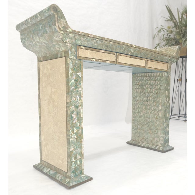 Fine Tessellated Stone Tile Mother of Pearl Rolled Edges 3 Drawers Console Table For Sale - Image 6 of 16