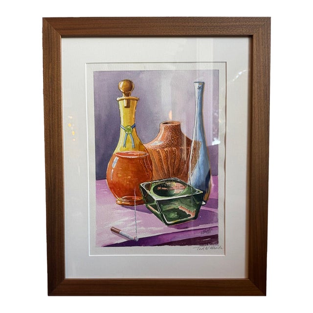 Signed Still Life Watercolor Art in Walnut Frame For Sale
