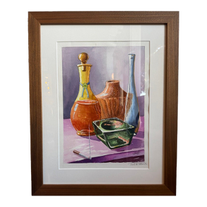 Signed Still Life Watercolor Art in Walnut Frame