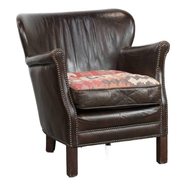 Dark Brown Armchair in Cowhide with a Reversible Kelim Seat Cushion For Sale