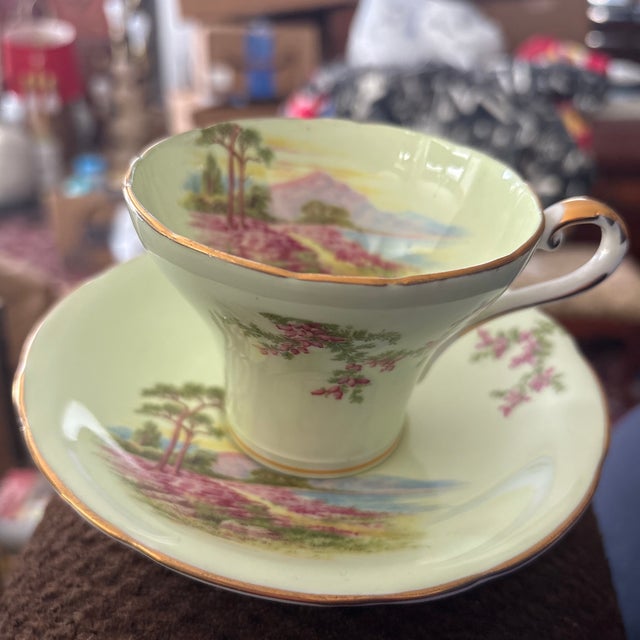 Aynsley Teacup with a Corset Shaped Teacup and a Landscape Pattern of Mountains, Trees, and a Lake circa 1934-1939. The...