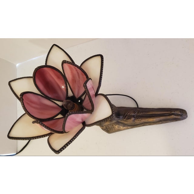 Bright Pink Early 20th Century Art Deco Figural Nude Sculptural Bronze Lotus Lamp For Sale - Image 8 of 10