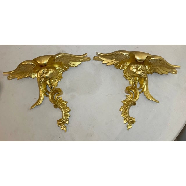 Pair of Antique Italian Federal Gold Gilt-Wood Figural Bird Wall Shelves Shelf For Sale - Image 11 of 14