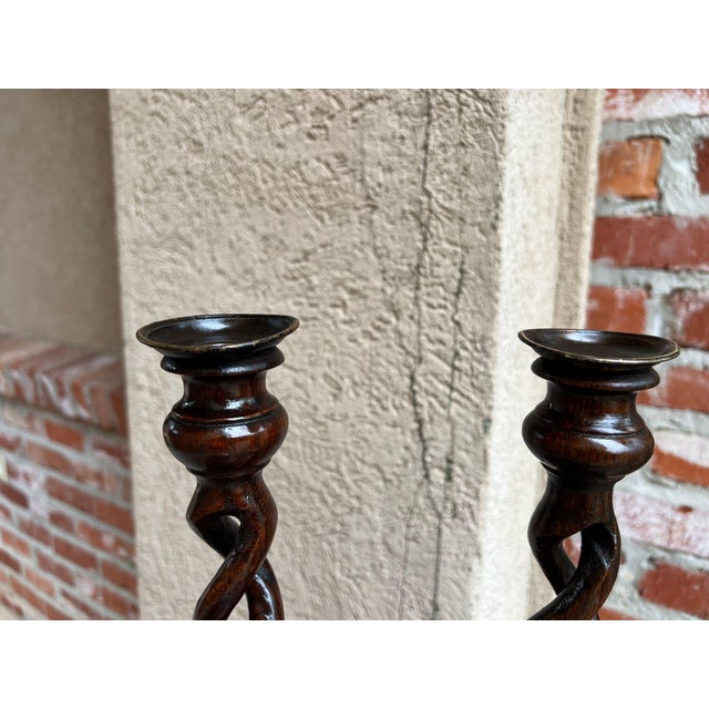 Antique English Oak Open Barley Twist Candlesticks Jacobean Pair C1860 12.5” For Sale - Image 10 of 18