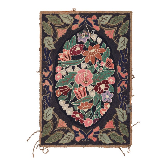 Antique Hooked Rug in Black With Floral Medallion & Patterns From Rug & Kilim For Sale