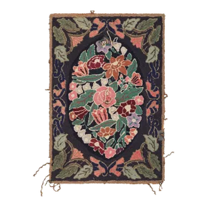 Antique Hooked Rug in Black With Floral Medallion & Patterns From Rug & Kilim