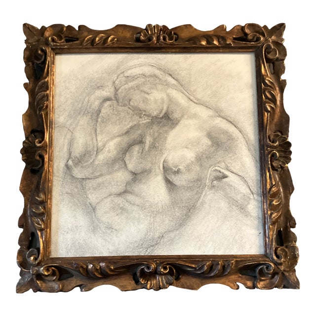 1930’s Original Classical Female Nude Charcoal Study Drawing Ornate Carved Wood Frame For Sale