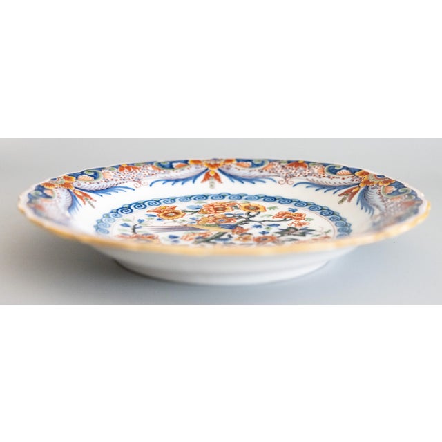 French Country Vintage Dutch Delft Faience Polychrome Floral Bird Scalloped Wall Charger Plate For Sale - Image 3 of 7