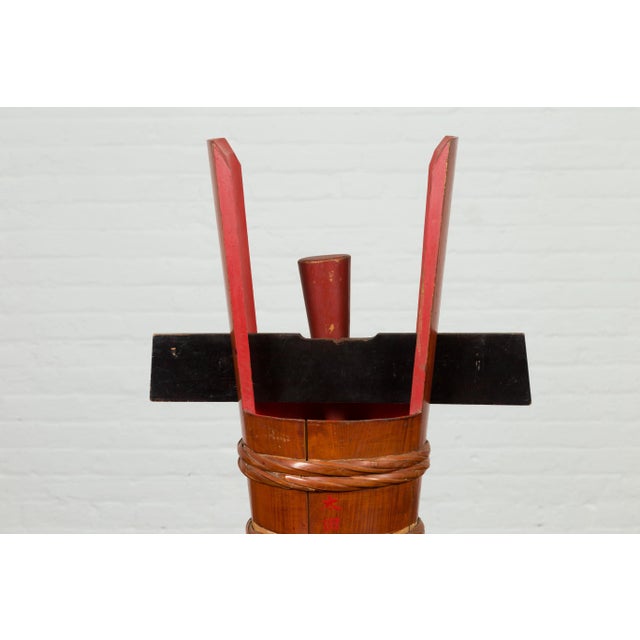 Japanese Vintage Grain Storage Jug with Red Lacquer and Calligraphy Decor For Sale - Image 11 of 13